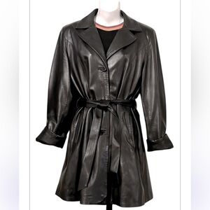 Borgo Antico Women’s Black Mid Length Vintage Belted Leather Trench Coat XL